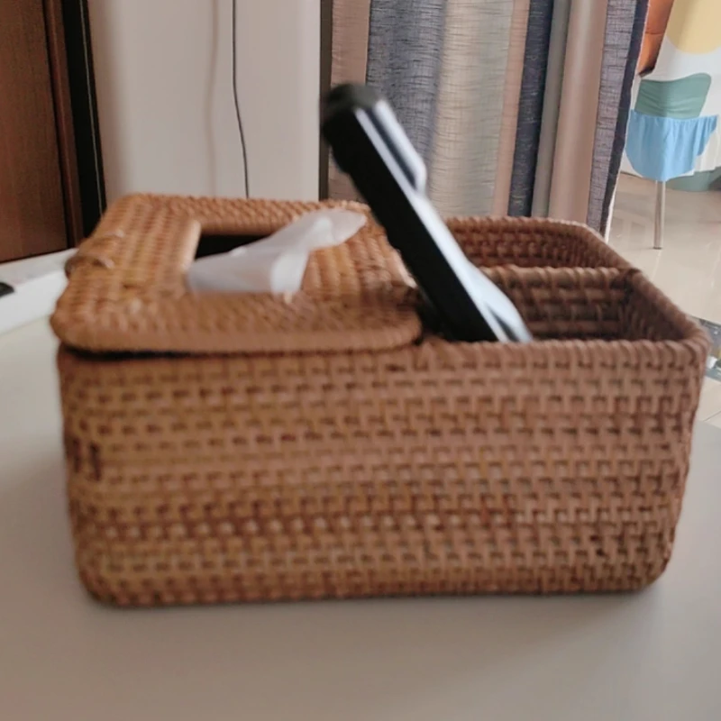 

Country Handmade Rattan Tissue Box, Japanese Woven Remote Holder, Living Room & Office Desktop Organizer, Decorative Craft