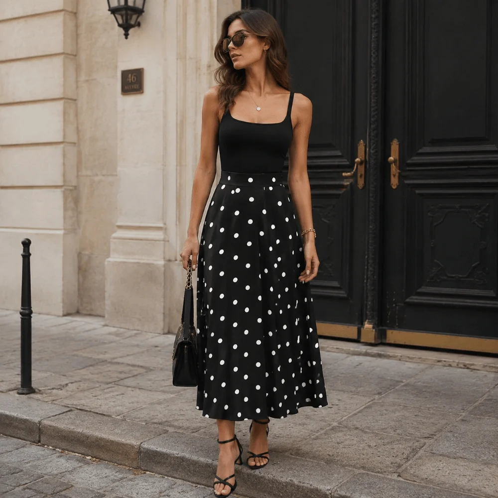 Breathable Elastic Waist Polka Dot Skirt Slim Fit Splicing Design A-Line Skirt Summer Pleated Half-length Dress Vacation