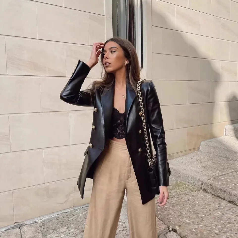 

BWQ Autum Winter Office Lady PU Blazers Fashion Vintage Solid Double Breasted Shrug Casual Chic Elegant Women Blazers 2025