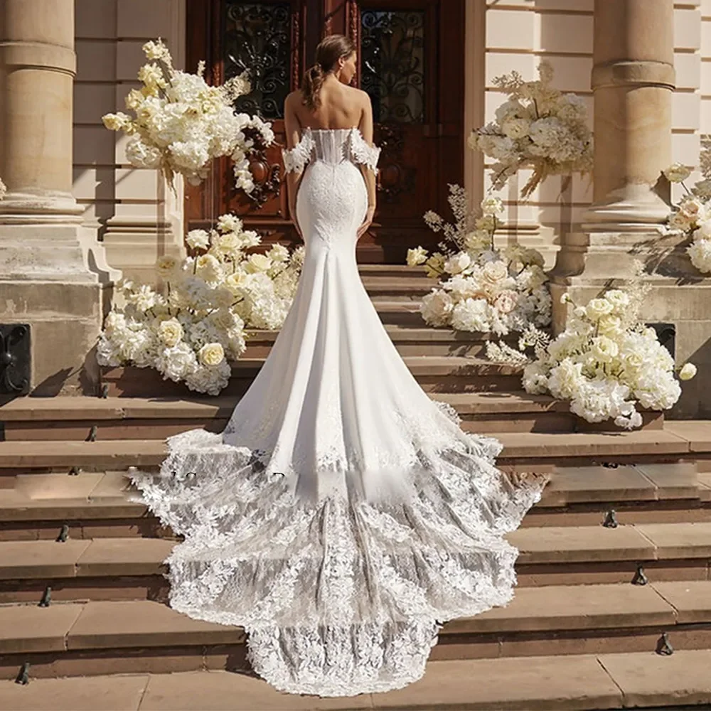 Robe de Mariée de Luxe Délicate, avec Traîne de Balayage, Sirène, Sexy, Col Licou, Manchette de Rotateur, Illusion, Dentelle Appliquée, Personnalisée, 2024