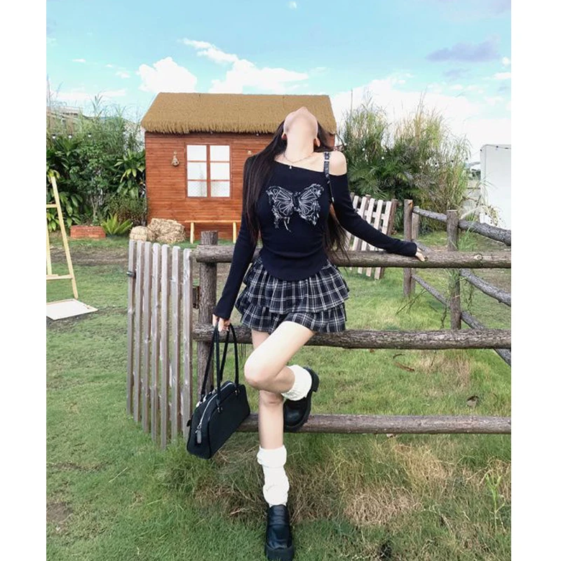 Emo Y2k Clothes 2000s Butterfly Graphic T-shirt Short Skirt 2 Piece Set Harajuku Kawaii Korean Slim Long Sleeves Tees Grid Dress