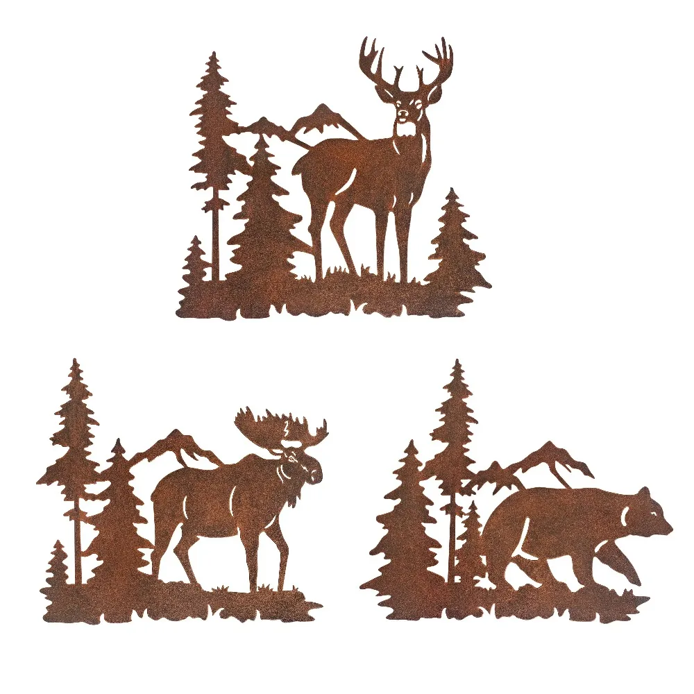 CIFBUY Metal Wall Art Rustic Forest Deer Bear Moose For Home Decor Iron Hanging Pine Tree Ornament
