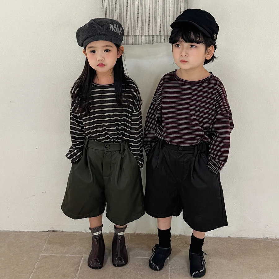 T-shirt 2026 Autumn and Winter New Childrens Clothing Korean Boys and Girls Fashion Senyi Fur-edged Striped Long-sleeved T-shirt