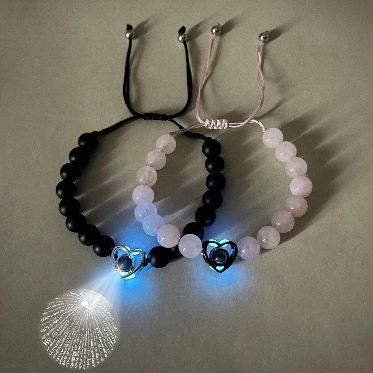 Couple's Silver-Black Heart Projection Beaded Rope Hand Cord Interlocking Design Fashionable Accessory