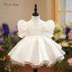 Baby Girl Princess Flower lace Silk Pearl Dress Puff Sleeve Child Vintage Bow Vestido Party Pageant Birthday Baby Clothes 1-12Y