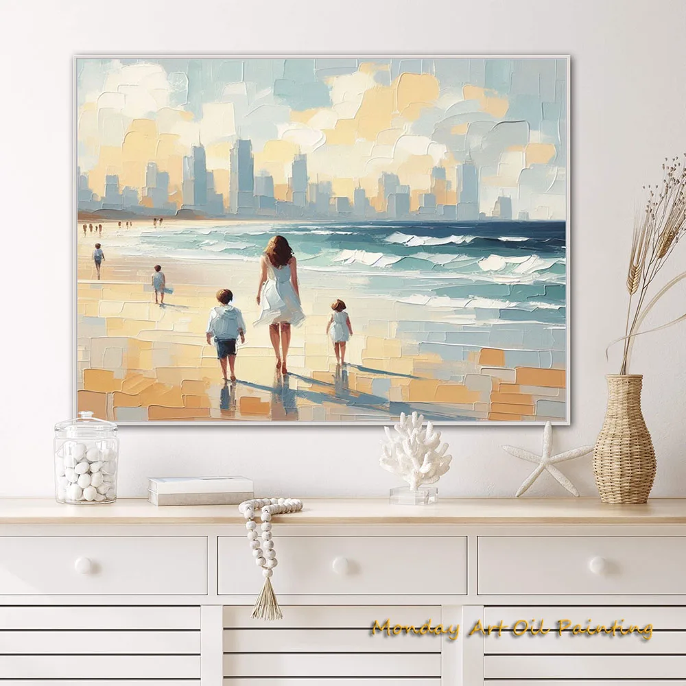 

HandPainted Oil Painting Custom Summer Beach Walking Artwork Ocean Thick Texture Abstract Art Relaxing Beach Fedex Shipping Cost