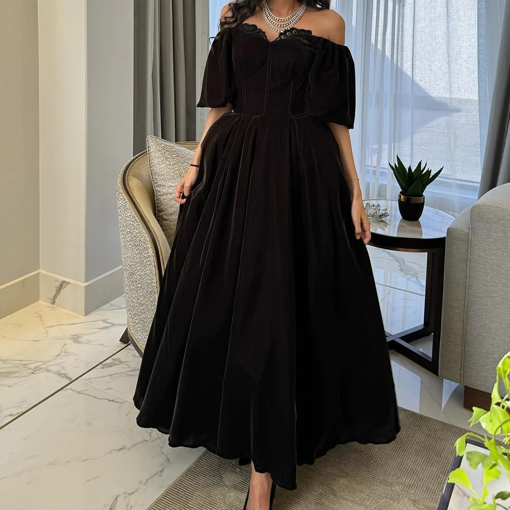 

Short Sleeves Straight Off the Shoulder Tea Length Pleats Solid Black Elegant Party Dresses Woman Dresses For Formal Occasions