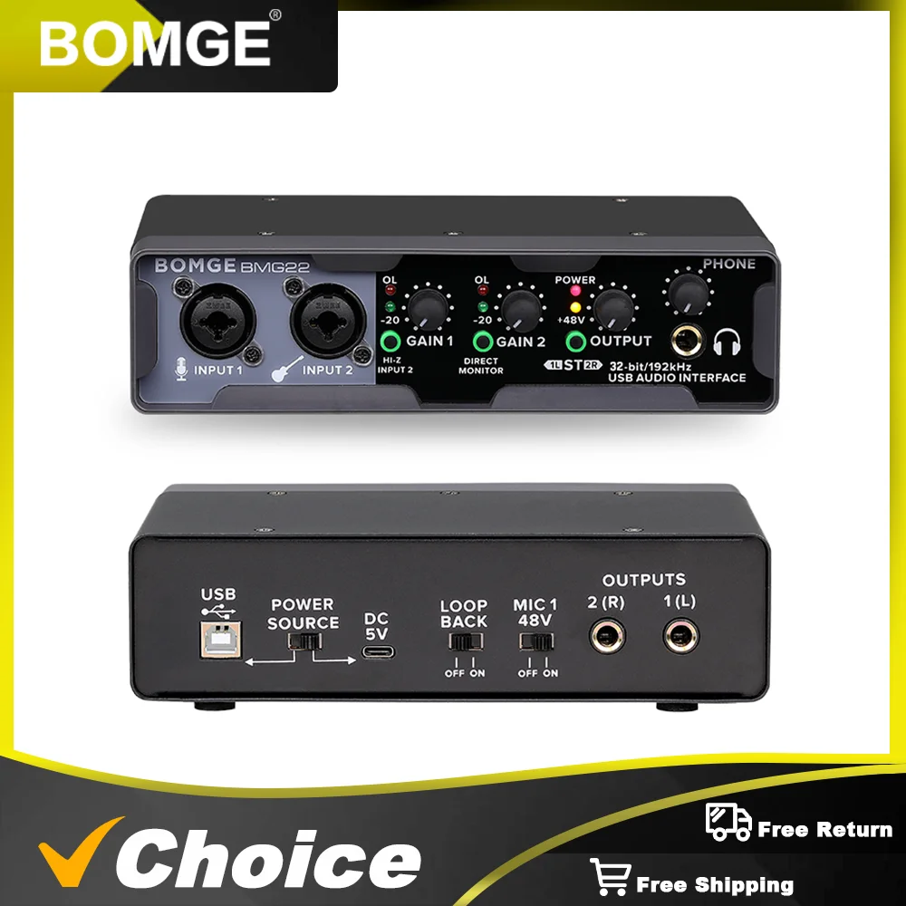 BOMGE Mezclador Tarjeta de sonido 32 bits/192 KHz, interfaz de audio USB 48 V Phantom Power Caja de metal para guitarristas cantantes y podcaster