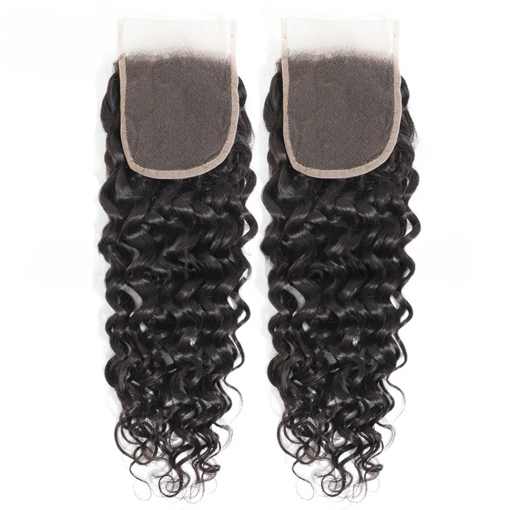 ウォーターウェーブ人毛 4x4 レース閉鎖事前摘み取り 150% 密度フルエンドナチュラルカラーブラジルバージンヘア 10-20 インチ