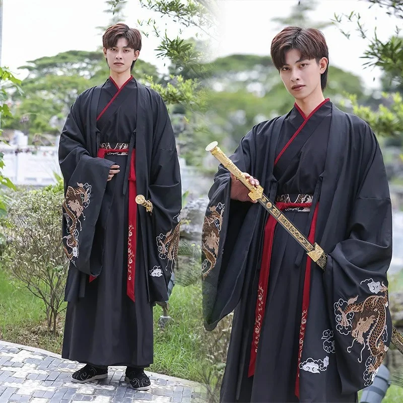 

Древний китайский мужской костюм ханьфу, традиционный костюм династии Хань с вышивкой, халат ханьфу, костюм Тан, наряд для выступлений, Хэллоуин, косплей