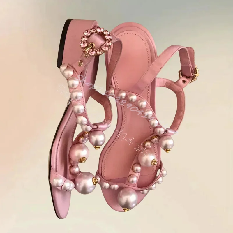 الأبيض اللؤلؤ الوردي Strappy المفتوحة تو الصنادل الكاحل مشبك حزام النساء أحذية كعب عالي مكتنز حفلة عيد 2025 Zapatos Para Mujere