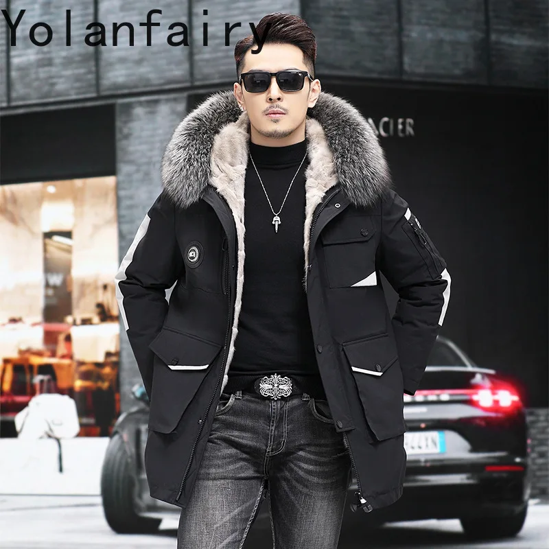 YOLANFAIRY معطف داخلي من فرو المنك الحقيقي للرجال 90% أسفل 10% ريشة شتوية ملابس رجالي طبيعية متوسطة الطول سترة هود بياقة من فرو الثعلب