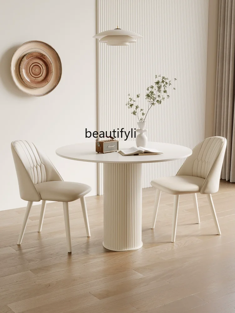 Cream Style round Dining Table Stone Plate Conference Table Modern Minimalist Roman Column round Table