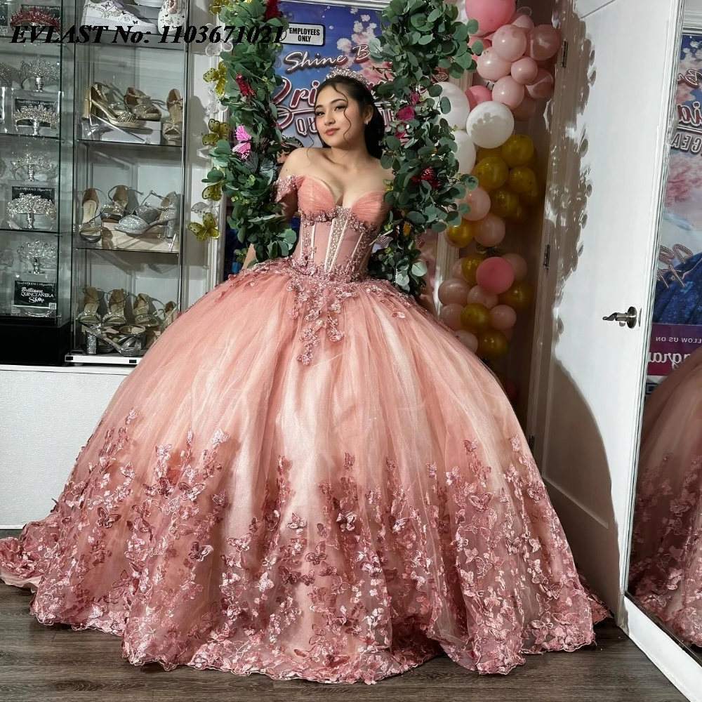 EVLAST-Vestido Quinceanera Mexicano Rosa Blush, Laço Borboleta 3D, Beading Applique, Vestido de Baile Sweet 16, SQ579