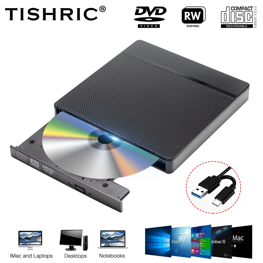 

TISHRIC External DVD Drive For Laptop USB 3.0 Type C cable Portable DVD CD RW Drive Writer Burner Optical Compatible