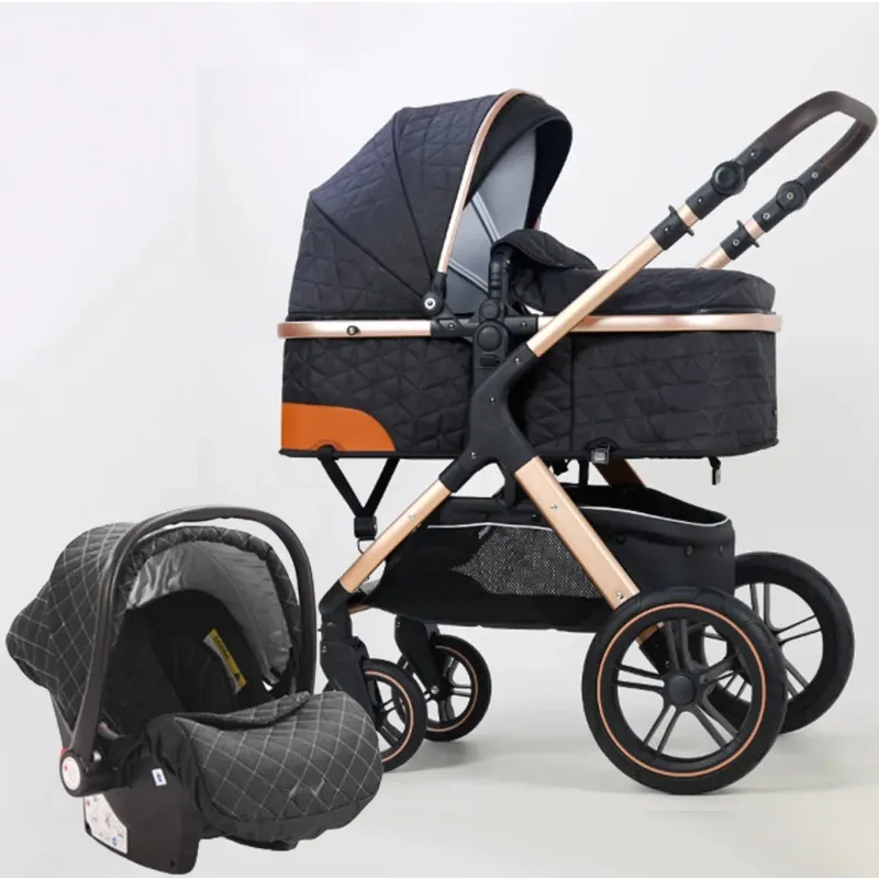 

3 in 1 Travel Baby Stroller with Car Seat High Landscape Reversible Pushchair Foldable Shock Absorbing Four Wheel Infant Buggy