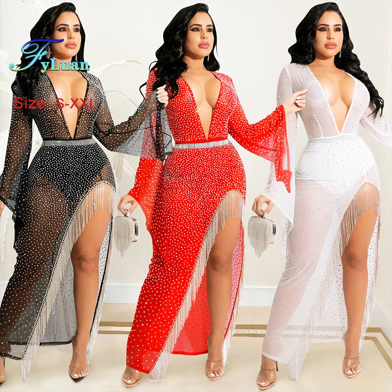 

Deep V Neck Women Split Hem Slim Fit Dress See-Through Long Sleeve Sexy Set Diamonds Fishtail Dress Evening Birthday Robe Robess
