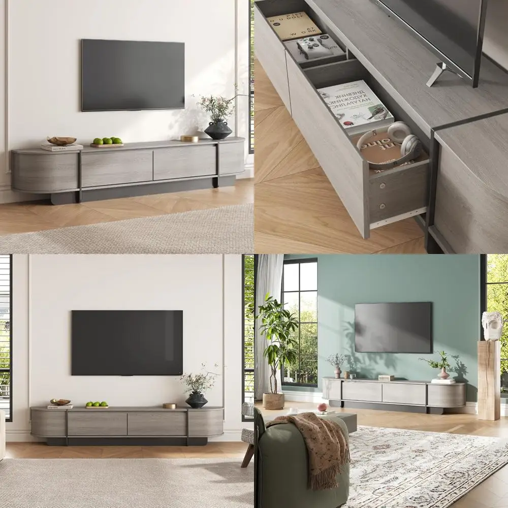 Large Storage Modern Entertainment Center for 55-85 Inch TVs, Long Wooden TV Console with Drawers, Curved Design