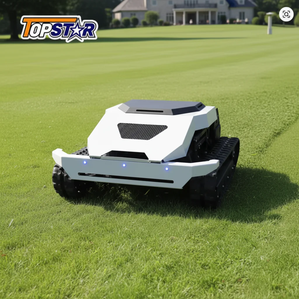 Crawler Remote Control Lawn Mower with Snowplow Attachment GPS Navigation Adjustable Cutting Height Obstacle Detection