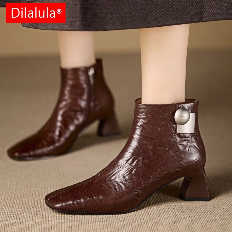 

Dilalula 2026 Real Sheepskin Leather Women Ankle Boots Square Toe Med Thick Heels Metal Dec Fashion Female Short Boots Autumn