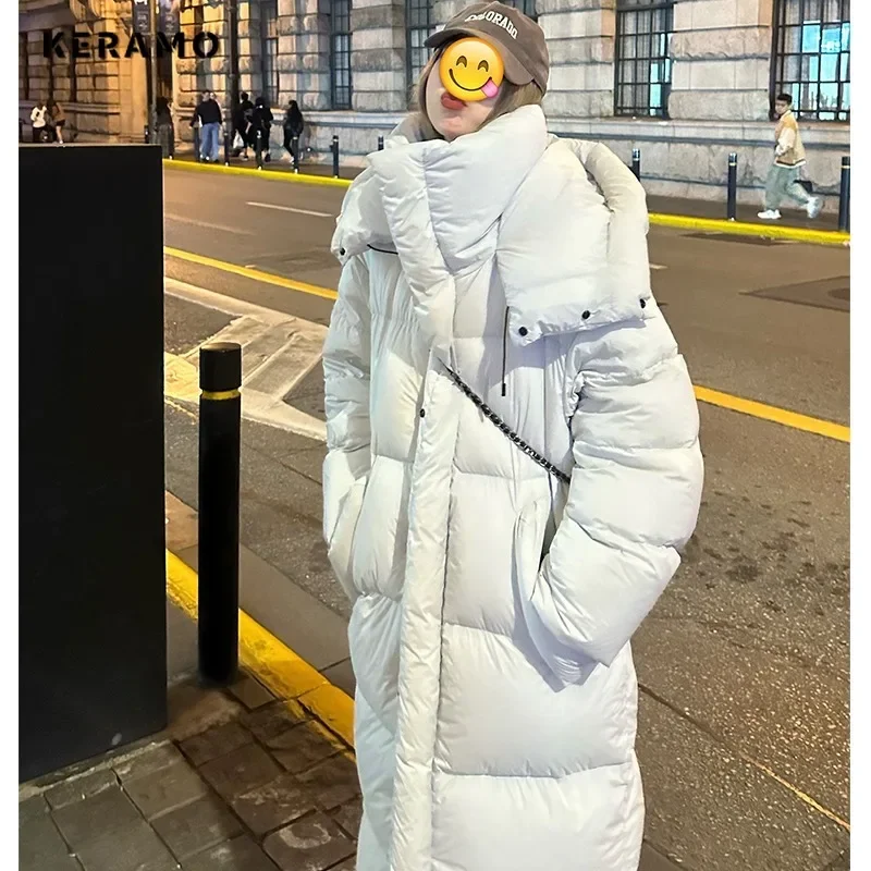 2024 Winter Women Casual Long Sleeve Outerwear Solid Color Hooded Maxi X-Long Parkas Jacket Oversized Single Breasted Warm Coat