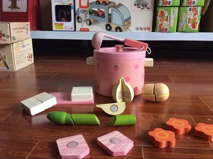 

Simulation Vegetable Pot Wooden kitchen cook Prentend Play Food Tofu Knife Pan Set Play house toy child Birthday Gift
