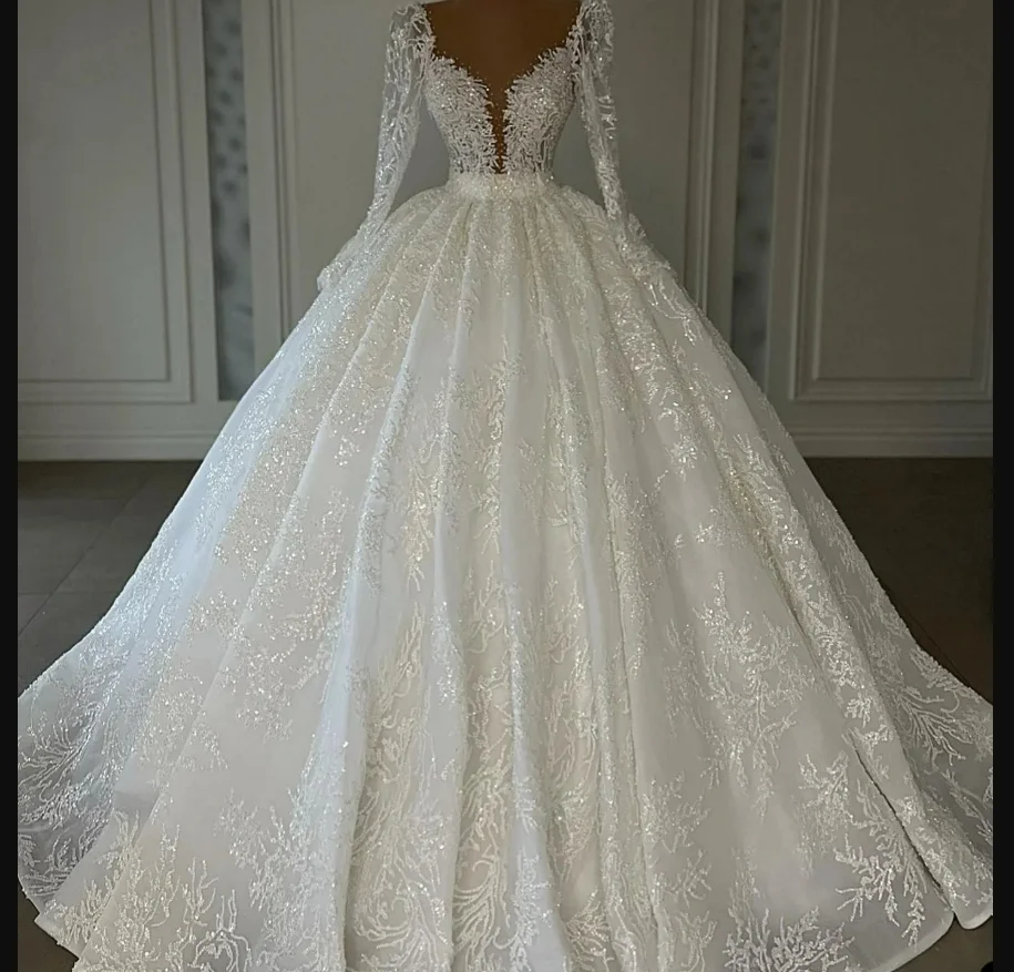 Vestidos De Novia con cuello transparente personalizado, cuentas brillantes, lentejuelas, vestido De Novia De manga larga, Vestidos De Novia Vintage