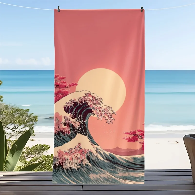 Wave and cherry blossom pattern polyester microfiber beach towel is highly absorbent, suitable for swimming and beach outings
