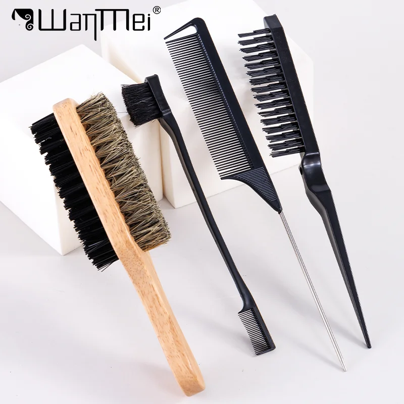 

4pcs/set Professional Beard Shaving Tools Wooden Edge Bristle Brush with Back Slicking Rat Tail Brush Beauty Styling Kit
