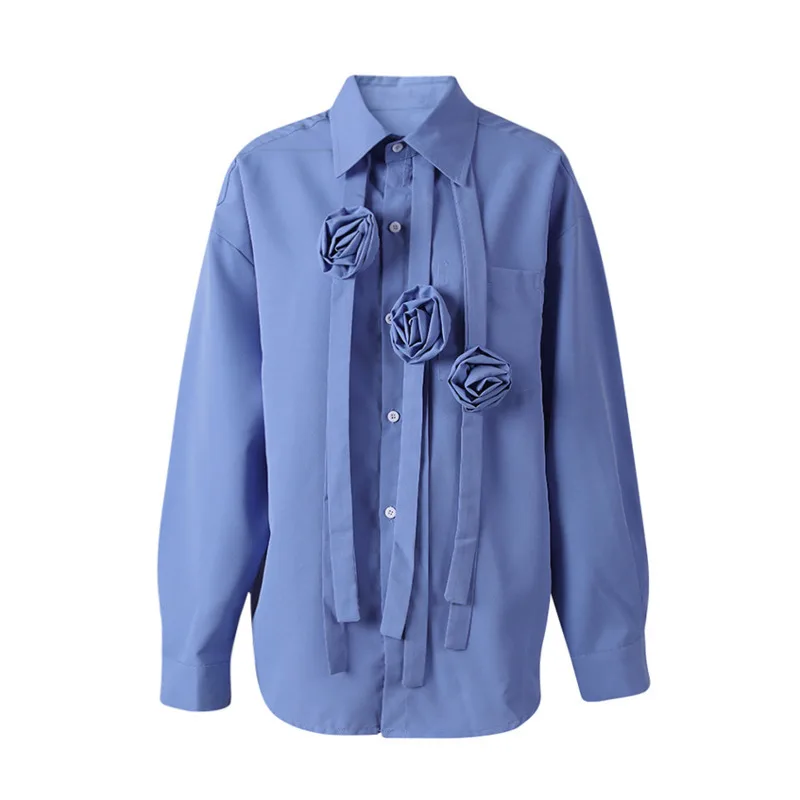 HKSH primavera otoño nueva camisa de mujer de un solo pecho cinta de flores tridimensional elegante moda versátil Casual Tops HK11996