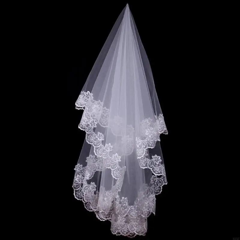 

MXMF 150cm Women Bridal Short Wedding Veil White Layer Lace Flower Appliques