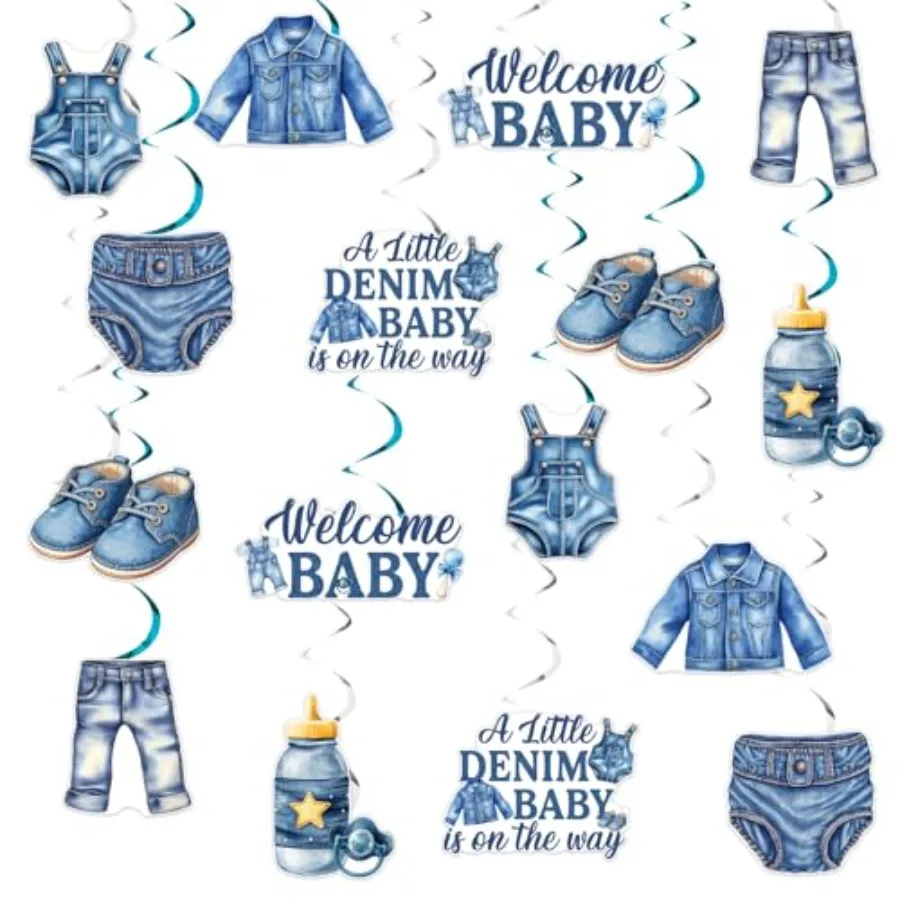 Blue Jean Denim Baby Shower Decorations, 24pcs a Little Denim Baby is On The Way Decorations Hanging Swirls Ceiling Streamers f