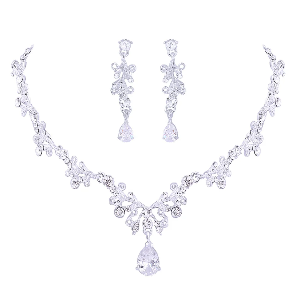 

1 set Water Drop Bridal Necklace Earrings Set Glass Jewelry Silver Color Elegant Wedding Party Accessories Bridesmaid Prom