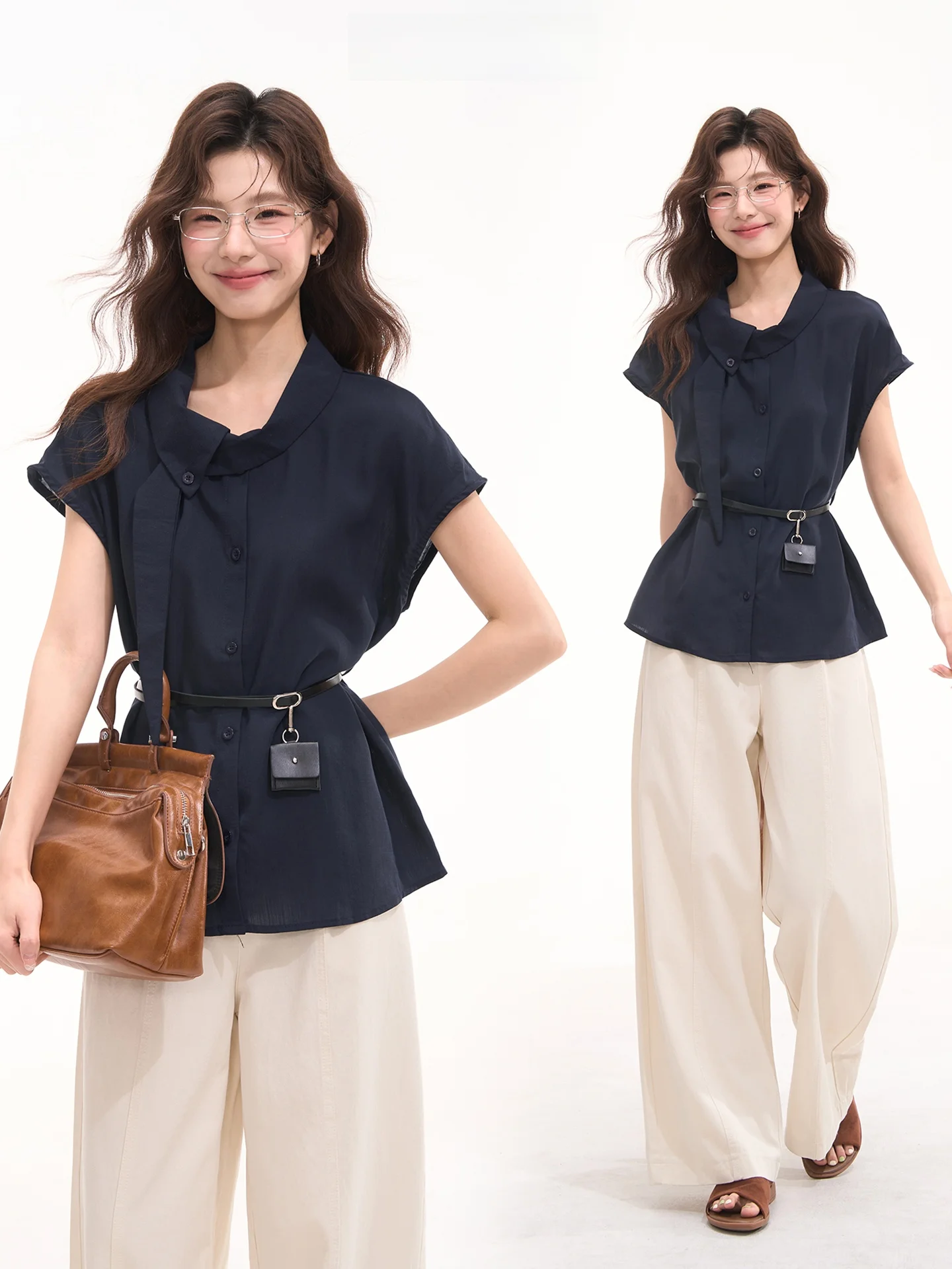 

Knot Design Shirt Women's Top Korean Style Casual Summer Limited Edition Heme Flower Field Window High Intelligence