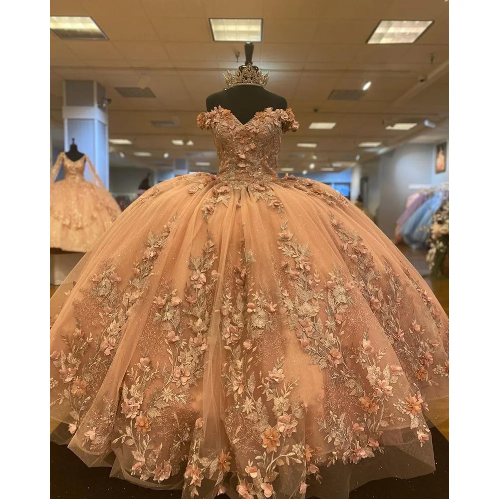 

Champagne Puffy Quinceanera Dresses Ball Gown Off The Shoulder Tulle Appliques Pearls Mexican Sweet 16 Dresses 15 Anos