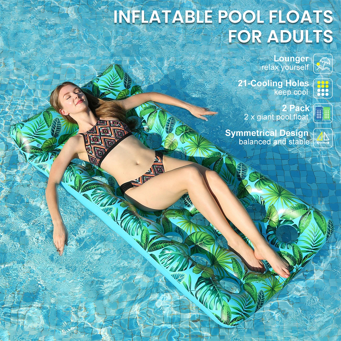2PC Pool Float Mat, Extra-Large Inflatable Pool Raft, Adult Pool Float Chair, 2 Pack 71" x 34" Lounge Floats with Headrest