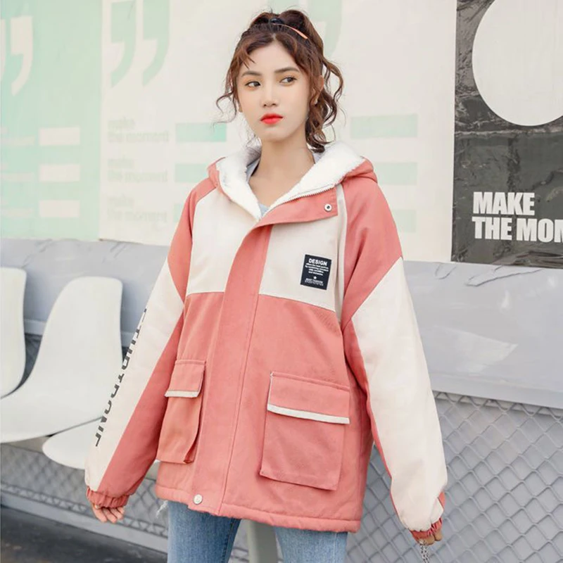 Winter New Women Hooded Parkas Plus Fleece Windproof Warm Snow Wear Woman Trend Contrast Color Big Pocket Cotton-Padded Jacket