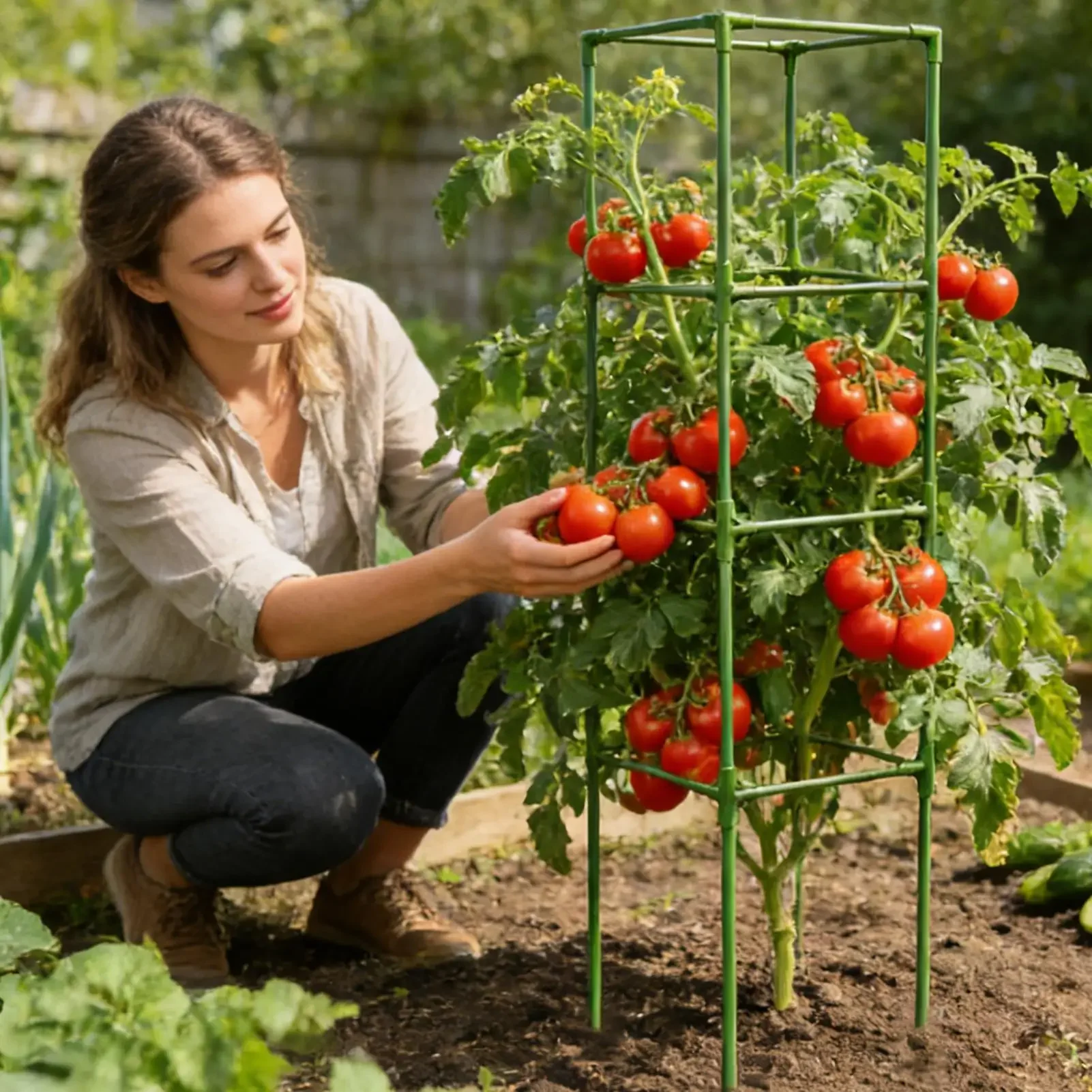 Tomato Cage 64 Inch Square Heavy Duty Stakes Cucumber Trellis Plant Cage Support for Climbing Vine Flower Vegetable Fruit Indoor