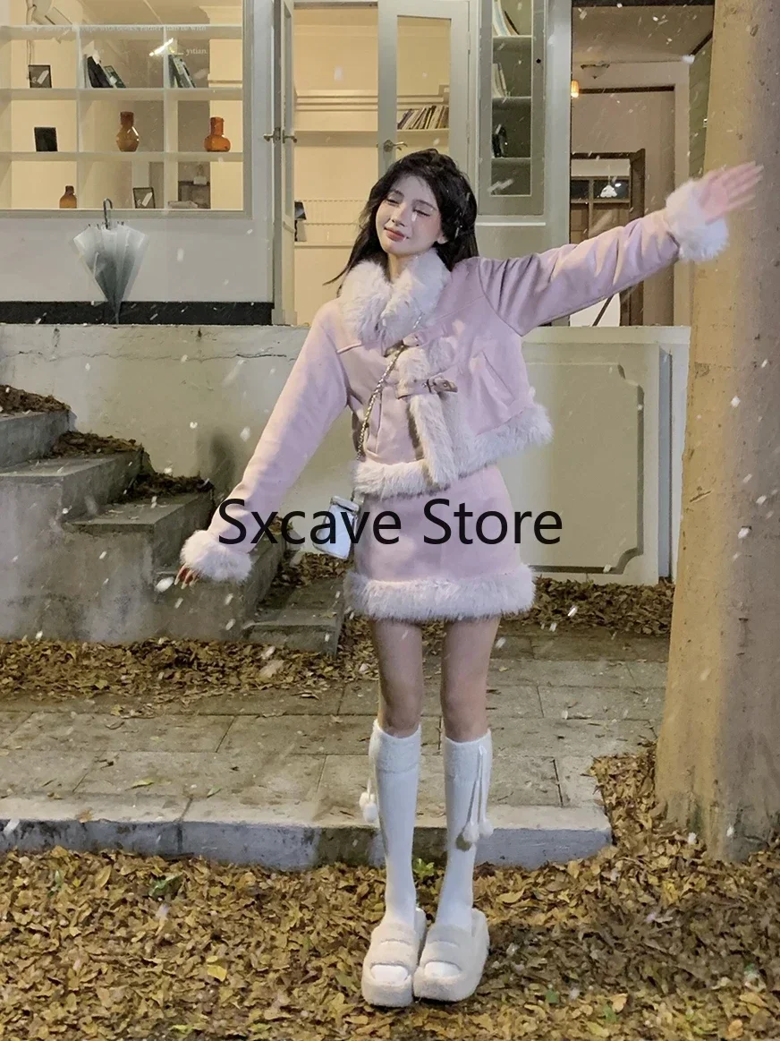 Kawaii Suits Blazers Jacket Coats + Skirts Korean Chic 2023 Winter Faux Fur 2 Piece Skirt Set Women Casual Y2k Clothing Outwear