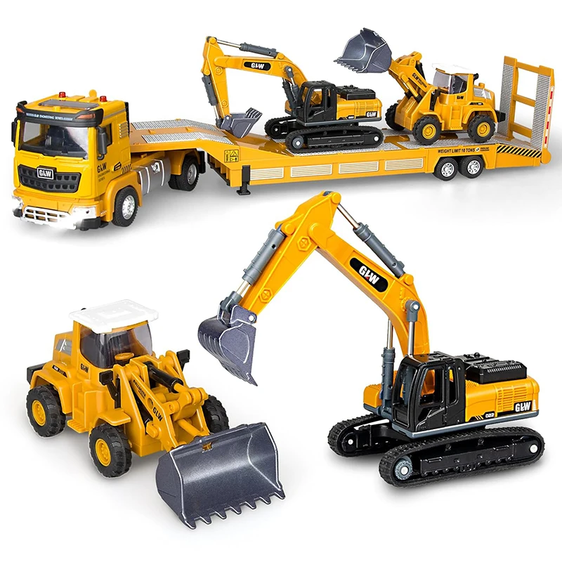 

1:40 Trailer Car With Mini Bulldozer & Excavator Diecast Model Engineering Pull Back Construction Collection Toys For Children