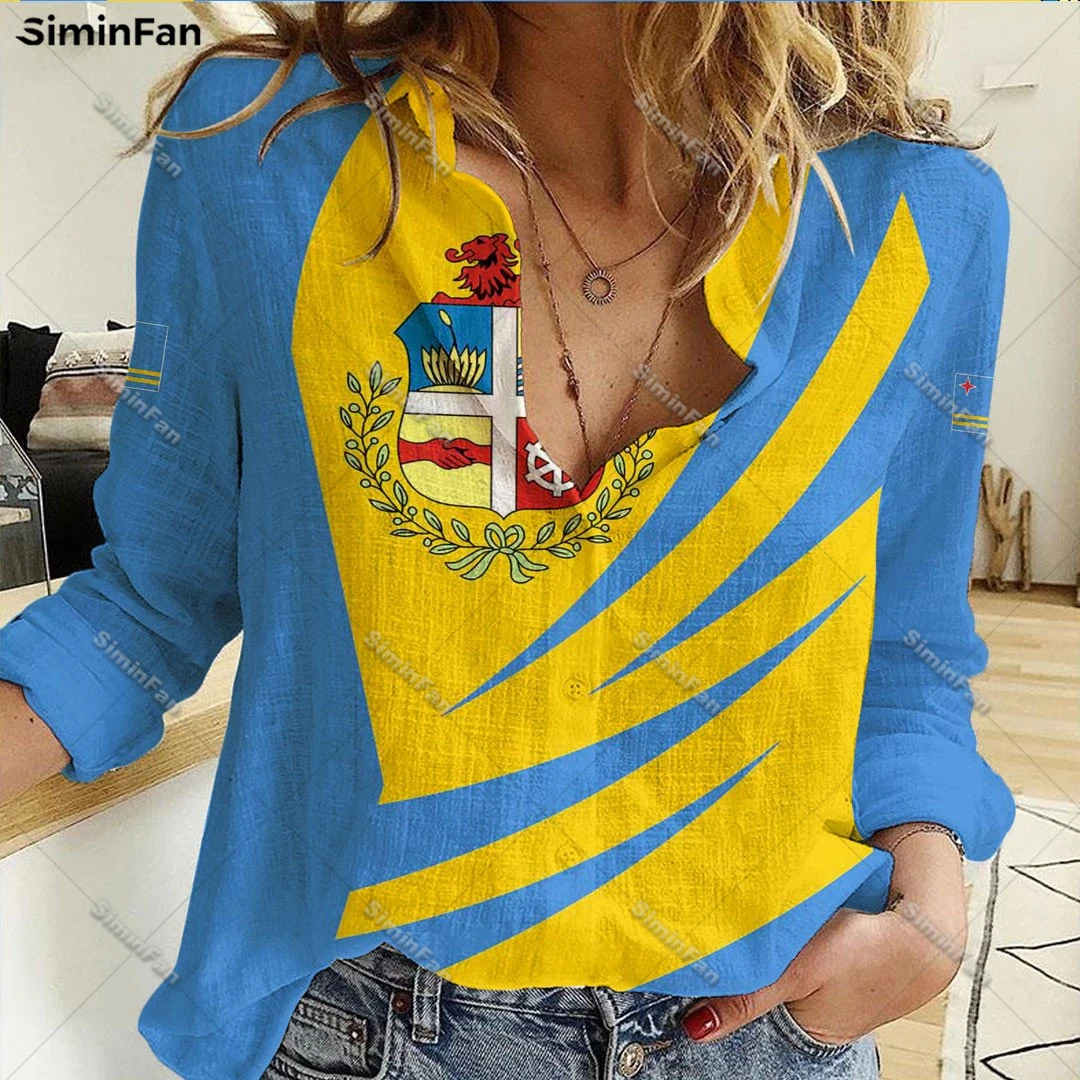 

Aruba Bincjou Coat of Arms Women Long Sleeve Button Shirts 3D Printed Female Elegant Blouses Ladies Hawaii Casual Lapel Top