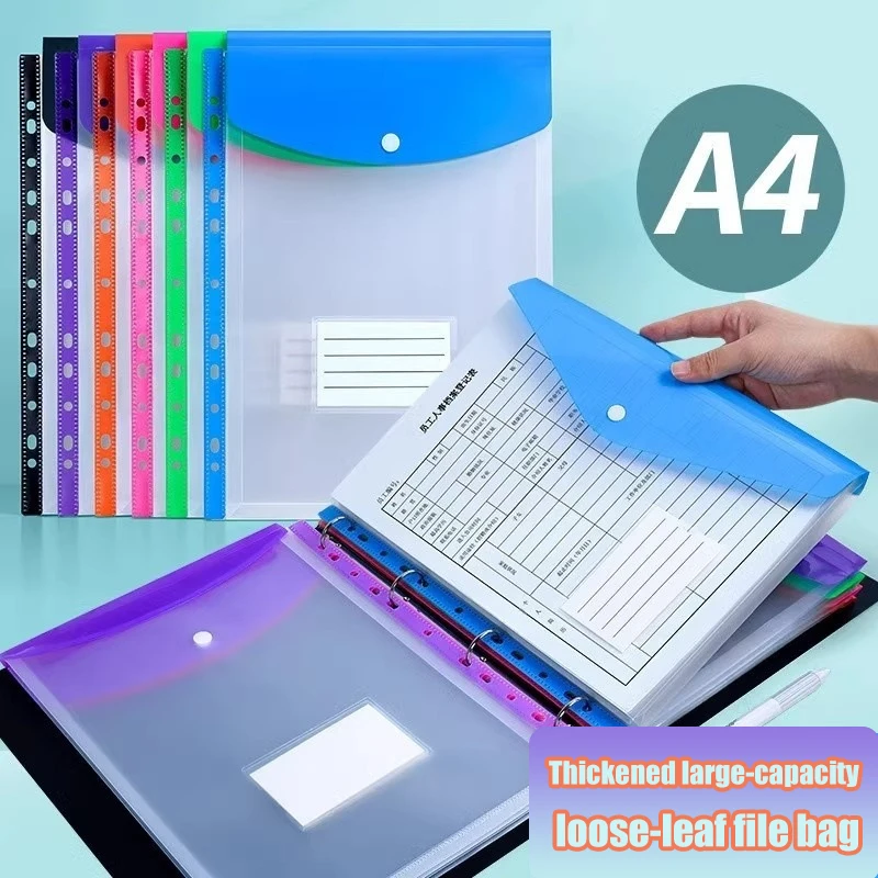 

6 pcs Plastic envelope with adhesive snaps & 11 holes file folder expansion bag for 2/3/4 ring file bag and A4 school bag file b