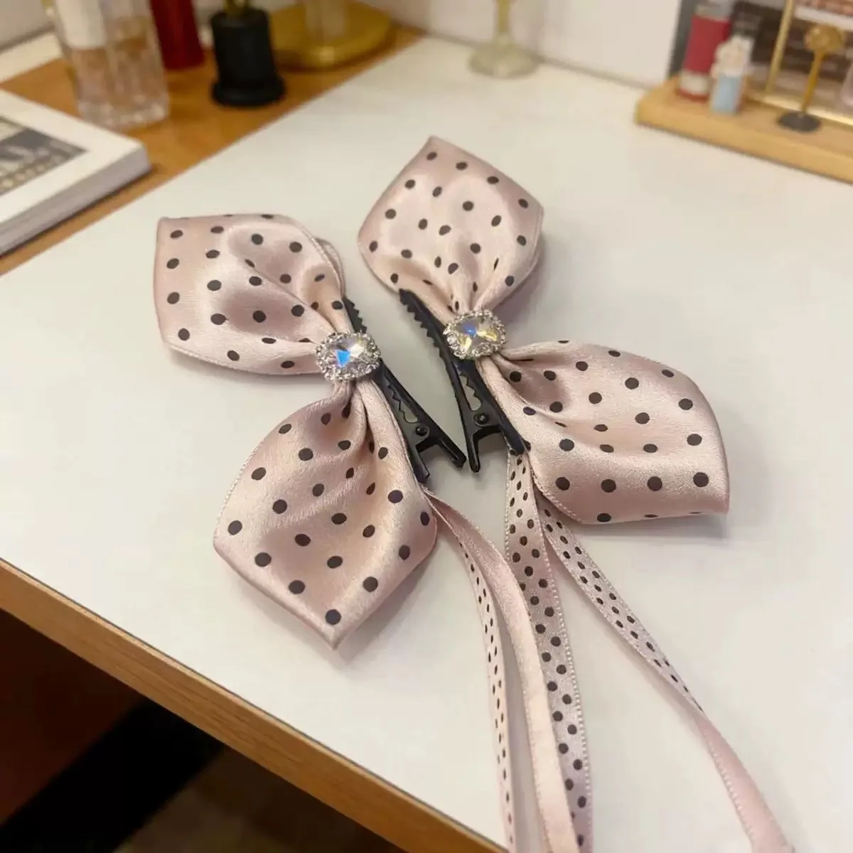 2 Pieces Sweet Fairy Style Polka Dot Bow Hair Clips Shiny Rhinestone Inlaid Long Ribbon Side Barrettes Same Color Design Hair Ac - view 4