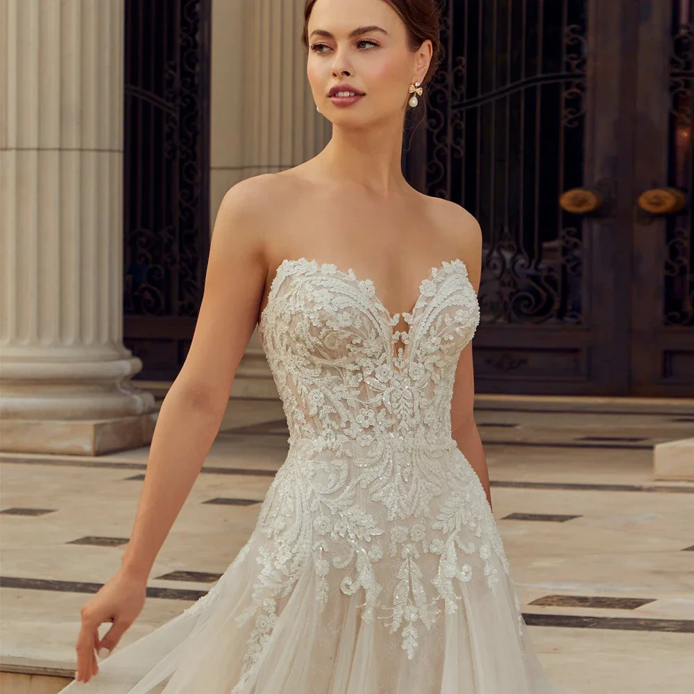 ประณีต A-Line ชุดแต่งงาน V คอ Applique ดอกไม้ชุดเจ้าสาวแขนกุดที่กําหนดเองกวาด Strapless Vestidos De Novia