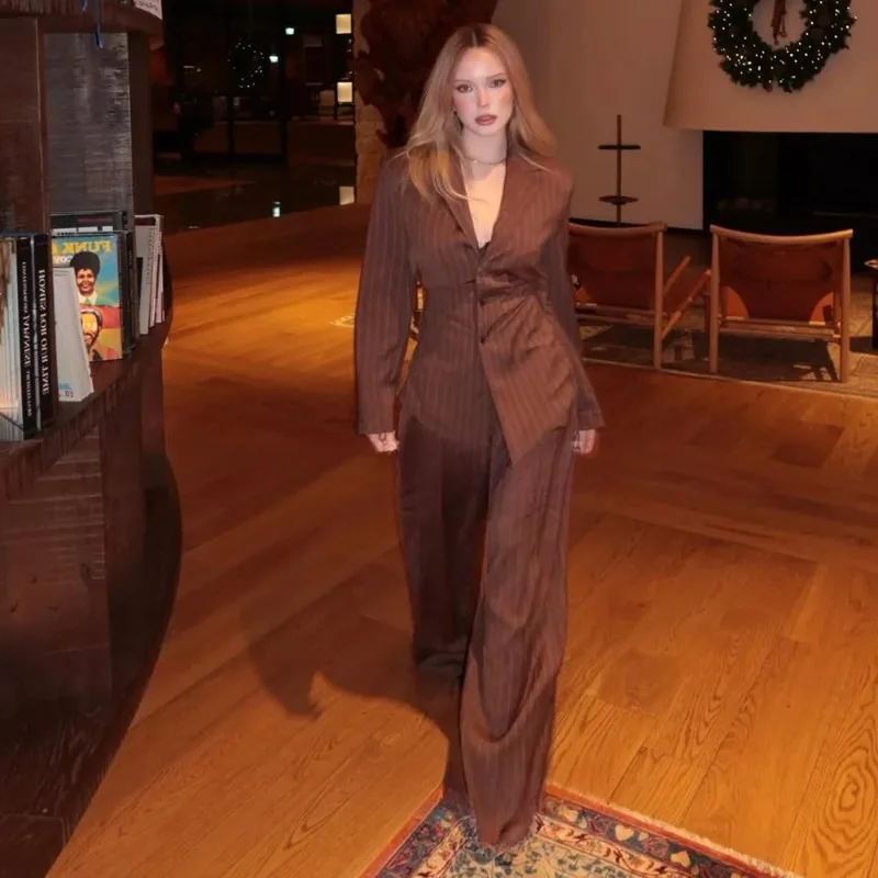 Office Women's Fashion Brown Striped V-neck Suit Coat Loose High Waist Wide Leg Pants 2026 Autumn New Casual Suit Set
