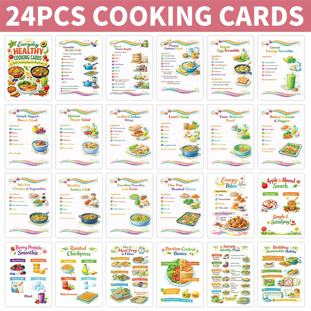 24pcs Everyday Healthy Cooking Recipes Cards,Practical Kitchen Guide Cards For Beginner Cooks,Clean Eating Planning Helper Cards