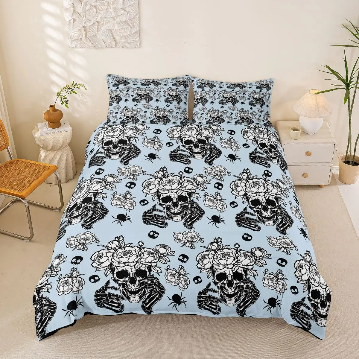 Gothic Skeleton King Size Duvet Cover Sets Bohemian Flower Vintage Retro Bedding With 2 Pillowcases Victorian Ghost