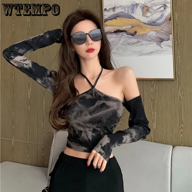 Tie-dye Long-sleeved T-shirt Women Slimming One-word Neck Off Shoulder Halter Short Top Summer Y2K Goth Backless Sexy Crop Tops