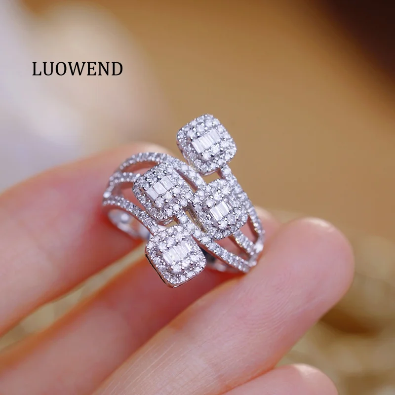Anillos LUOWEND 100% de oro blanco de 18K, estilo elegante y lujoso, anillo de compromiso con diamante natural real de 0.90 quilates para mujer, joyería fina.