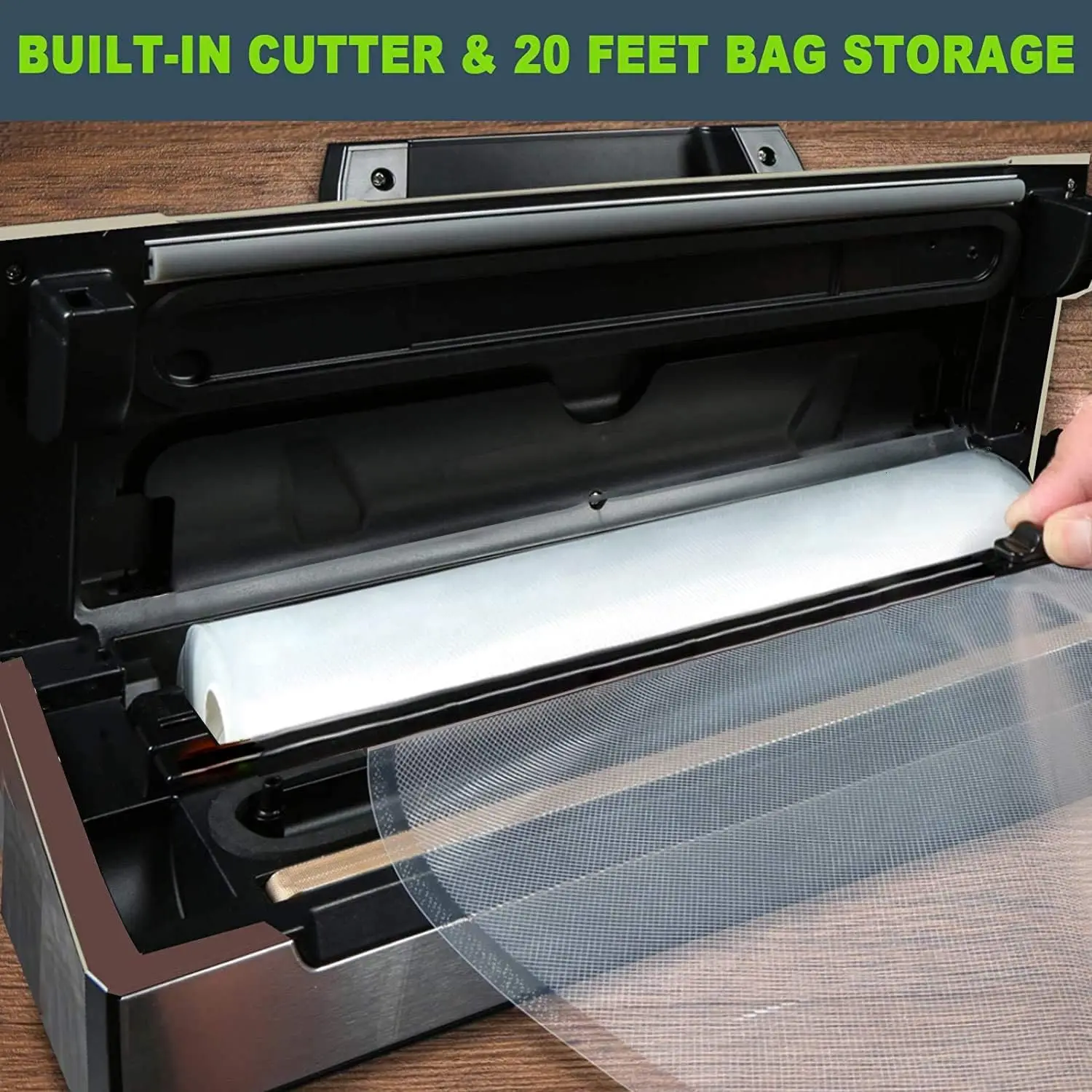 Pro Food Sealer with Built-in Cutter and Bag Storage(Up to 20 Feet Length), Both Auto&Manual Options,2 Modes